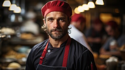 Chef at the kitchen. Looking at the camera with a team behind