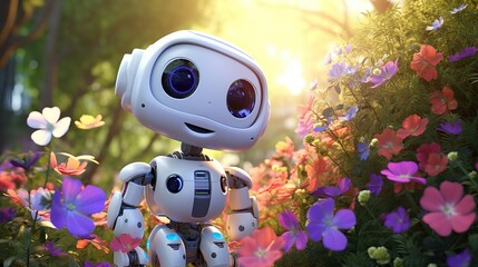 cute happy adorable robot with flowers 3d character generative ai
