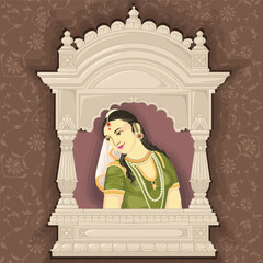 Indian Bride Queen Portrait in miniature Painting Style inside arch frame