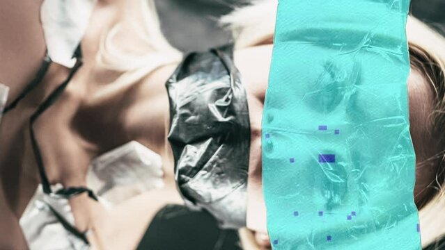 Vertical video. Nft art. Cyber people. Artificial intelligence. Wired clone woman with taped mouth looking through colorful glitch noise animation plastic bottle.