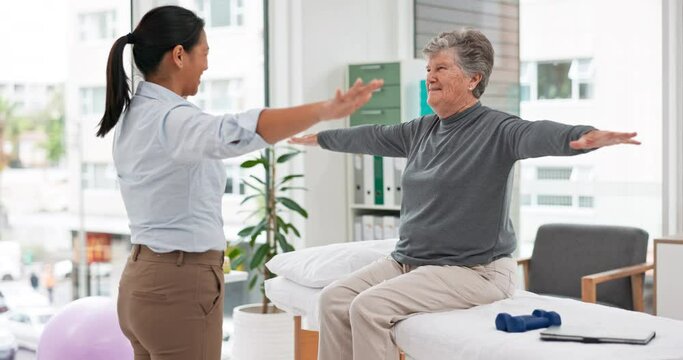 Physical therapy, senior patient and chiropractor, stretching and motion with exercise and progress in consultation. Help, support and women at clinic, elderly care and fitness with health and physio