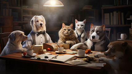 CATS AND DOGS HAVING COFFEE IN AN OFFICE