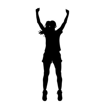 Female soccer player silhouette, celebrating goal, on knees with arms in the air, black on white