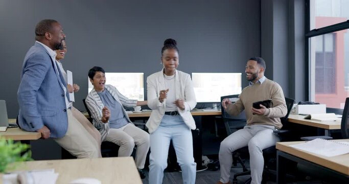 Business people, black woman and dance to celebrate success, goal and achievement of target in corporate office. Music, group of employees moving with energy and happy winner kick off shoes at party