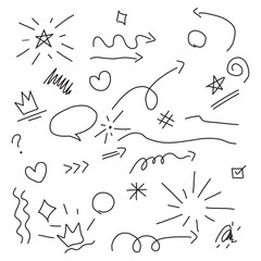 Hand-drawn seamless doodle illustration. Vector set of different crowns, hearts, stars. 
