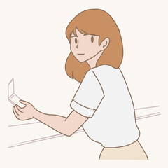 Woman leaning upper-body on the counter with holding fold-able phone, waiting for someone. Hand drawn flat cartoon character vector illustration.