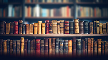 blurred bookshelf Many old books in a book shop or library - Generative AI