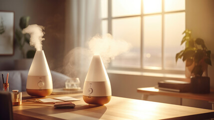 An elegantly placed humidifier on the table by the window in the morning - obrazy, fototapety, plakaty