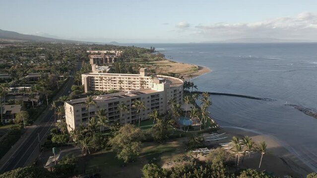 Aerial view: Beach front Menehune Shores Condos in Kihei, Maui Hawaii