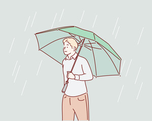 Smiling man with umbrella posing under the rain. Hand drawn style vector design illustrations.