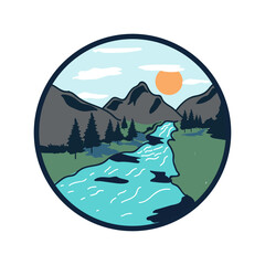 Camping and sunrise graphic illustration. Camping outdoor and adventure illustration vector. Camping and sunrise graphic illustration vector art t-shirt design.
Camping with beauty view of mountains 
