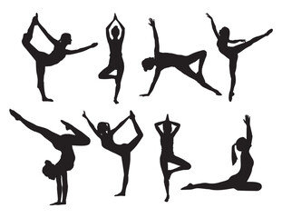 Naklejka na ściany i meble Yoga poses silhouettes. Set of illustrations of a girl in a yoga pose. Vector silhouettes of women different poses yoga.