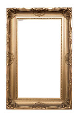 Vintage rectangle portrait picture frame with a blank canvas with white background isolated PNG