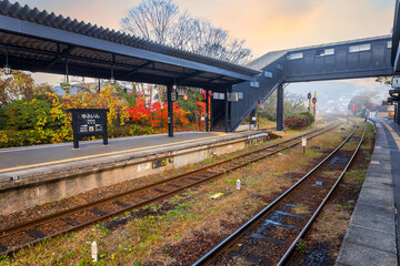 Obraz premium Yufuin, Japan - Nov 27 2022: Yufuin Station is a railway station on the Kyudai Main Line in Yufu, Oita, the famous Yufuin onsen town resort