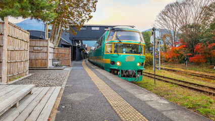 Yufuin, Japan - Nov 27 2022: Yufuin no Mori is a limited express train that runs from Hakata via...
