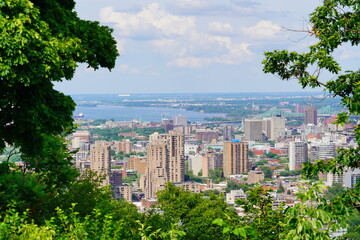 Montreal, Quebec Canada -07 12 2023: Aerial view of Montreal downtown and st Lawrence River from Royal Mount 