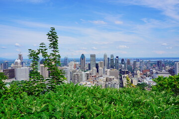 Montreal, Quebec Canada -07 12 2023: Aerial view of Montreal downtown from Royal Mount	
