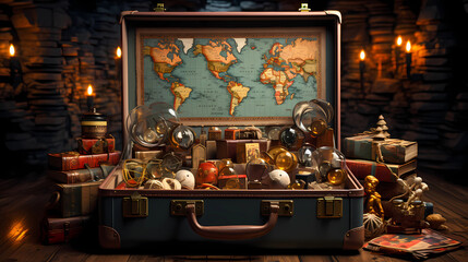 Open Suitcase with Travel Souvenirs