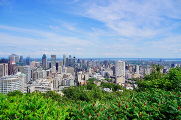 Montreal, Quebec Canada -07 12 2023: Aerial view of Montreal downtown from Royal Mount	
