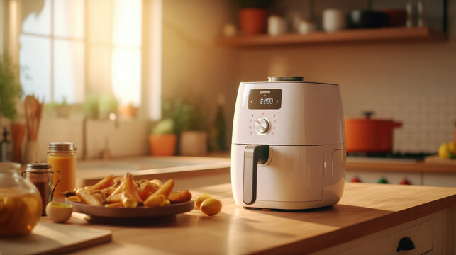 A stylish white air fryer perched elegantly on the kitchen counter