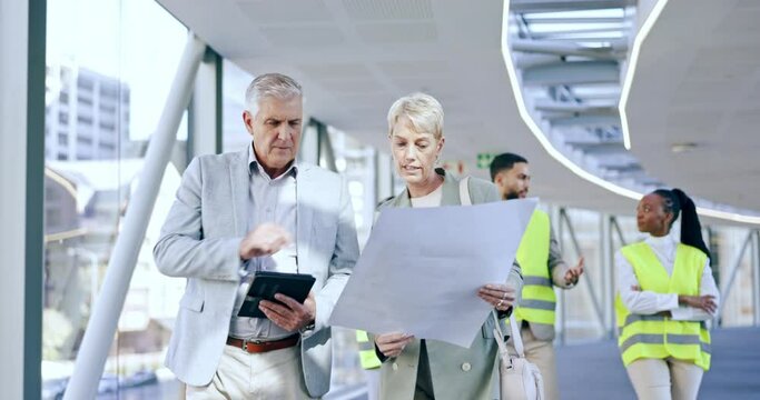 Businessman, tablet and architect with blueprint for construction planning, strategy or ideas in city. Business people working together on technology with floor plan and team for architecture project