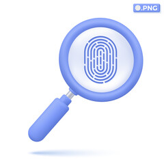 Magnifying glass with fingerprint icon symbols. Search, discovery, research, analysis Encryption, biometric identity authorized concept. 3D vector isolated illustration, Cartoon pastel Minimal style.