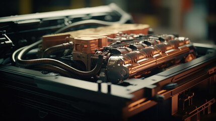 Close-up of a car battery in the engine compartment