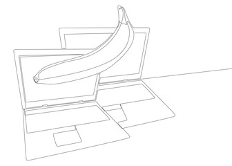 One continuous line of Laptop with Banana. Thin Line Illustration vector concept. Contour Drawing Creative ideas.