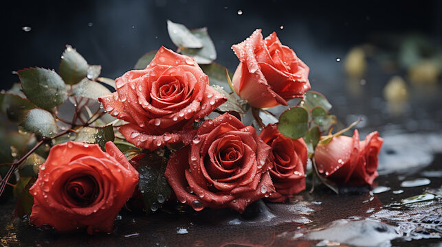 valentine red rose with rain droplet background 16:9 wallpaper generative AI photo