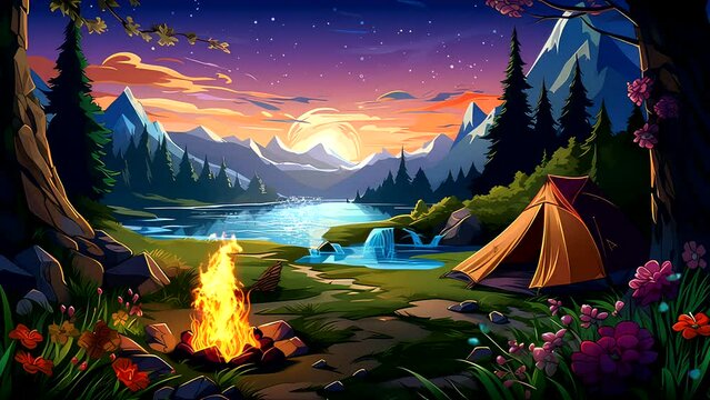 live wallpaper video background Anime background cartoon style Camping in the mountain at night with bonfire, lake, tree forest, waterfall, video footage 4k