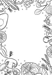 Healthy food hand drawn vector illustration. Drawing in white isolated background.