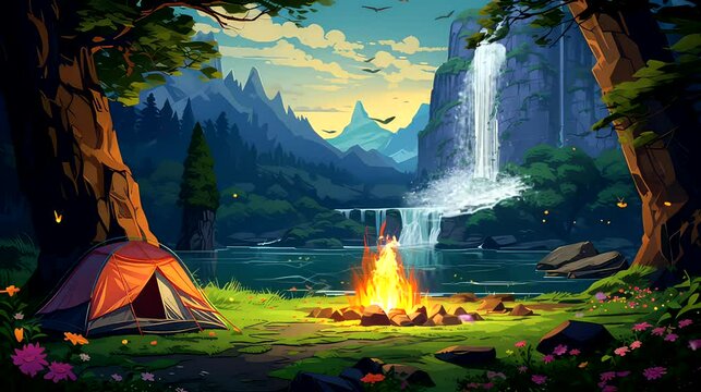 Anime background cartoon style Camping in the mountain at night with bonfire, lake, tree forest, waterfall, video footage 4k