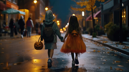 Obraz premium Children adorned in captivating Halloween costumes, walking together on the streets