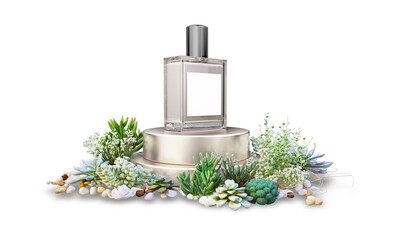 3D render perfume bottle on trade show podium on transparent background
