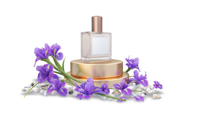 Obraz na płótnie Canvas 3D render perfume bottle on trade show podium on transparent background