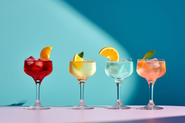 Composition with alcohol cocktails on coloured background with harsh shadows. Trendy concept cocktail menu. Set of cocktails on blue background. Bartender cocktails in minimal modern style