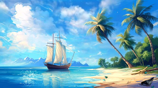 Anime background  Sailboat on the sea beach with blue sky, blue water, palm tree,  cartoon video beautiful nature landscape
