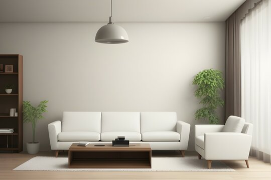 Interior living room wall mockup with leather sofa and decor on white background. 3d rendering. Modern living room