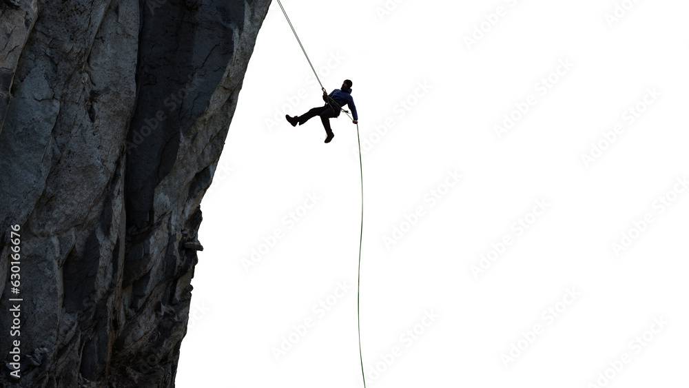 Wall mural adventure man rappel down a mountain cliff. png cutout. 3d rendering rock cliff. composite