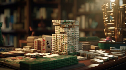 Close-up of a Mahjong tile set