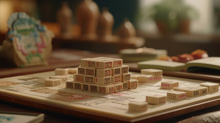 Close-up of a Mahjong tile set