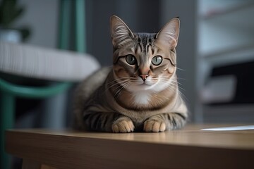 Fluffy Cat Sitting in a Lovely Living Room, Adorable Pet with Copy Space and Friendly Concept in the Background