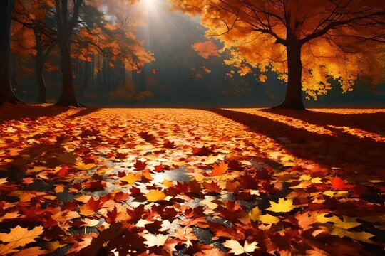 Colorful autumn leaves on the ground. Nature scene. Fall composition. 3d render illustration 