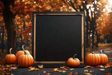 Signboard mockup or template with copy space on exterior. Black menu board with autumn holiday decoration. Welcome signboard mockup with pumpkins. 3d render illustration