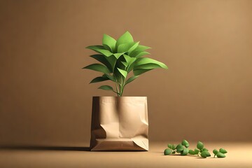 A small green plant is growing in a brown paper bag against a brown background. Sustainability concept. Minimalistic style with copy space 3d render illustration 