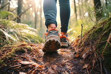 Woman walking on the trail in a forest, close-up of a shoes, back view