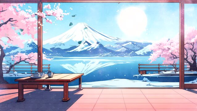 Anime japanese wooden house with snow on fuji view, lake, cherry blossom tree, sakura, cartoon beautiful fantasy background