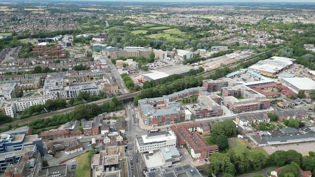 Drone,aerial  view Chelmsford city  Essex UK summer train line in background
