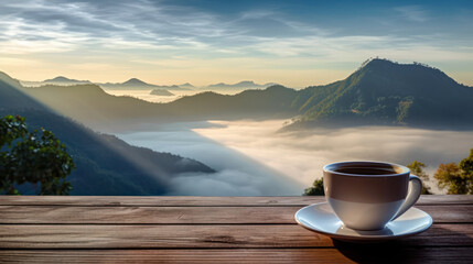Coffee cup on wooden table to a mountain with beautiful blue sky and fog at dawn.