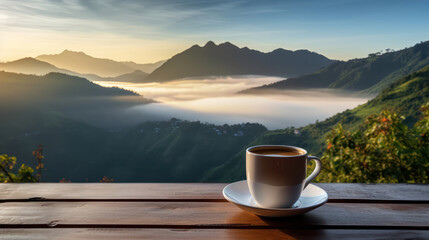 Coffee cup on wooden table to a mountain with beautiful blue sky and fog at dawn.